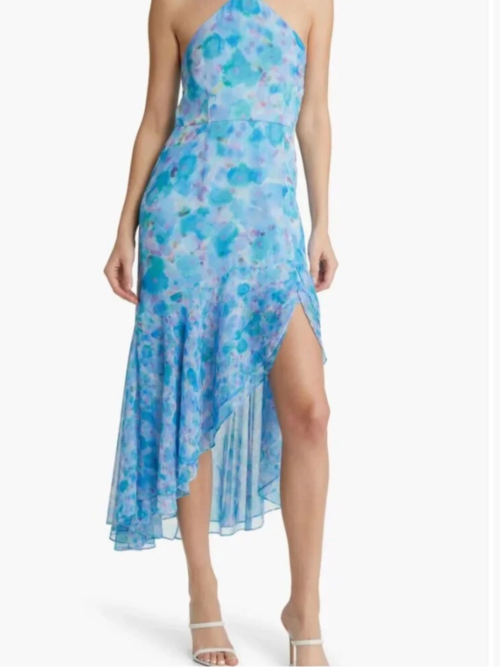French Connection Greta Asymmetrical High-Low Blue Floral Halter Dress
